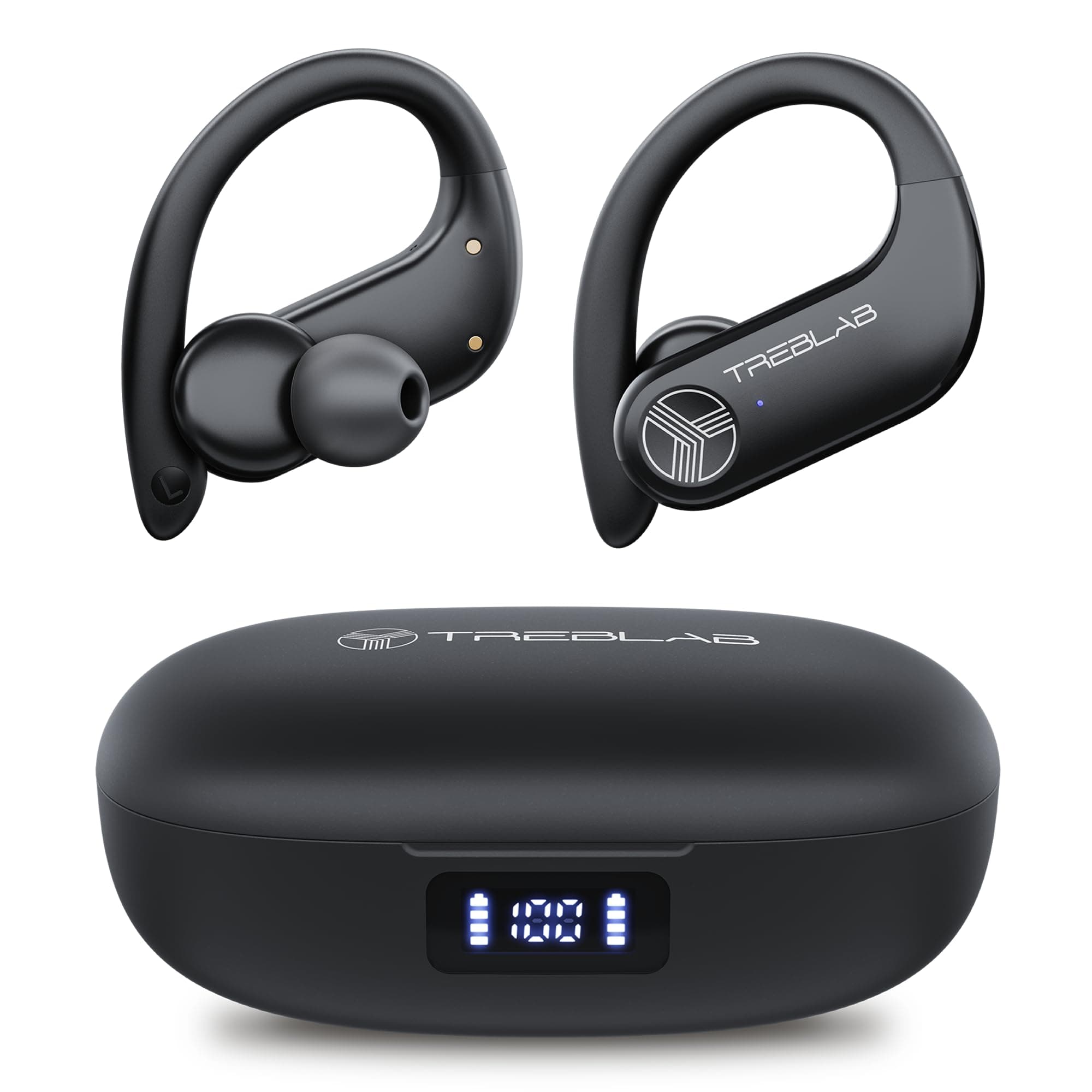 TREBLAB X3-Pro - Wireless Earbuds with Earhooks-45H Playtime, aptX, IPX7 Waterproof Earphones for Running & Workout-Sport Bluetooth Headphones with Charging case-Built-in Microphone- Black (Renewed)