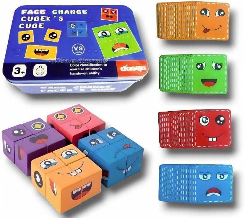 - Face Changing Cube Building Blocks Puzzle, Wooden Face Expression Toy, Educational Face Matching Family Board Game for Kids (16 Wooden Puzzles and 72 Cards) (with Metal Box)