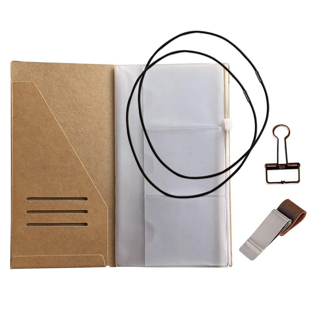 Travelers Notebook Accessories Kit - Kraft File Folder, Zipper Case, Pen Holder, Binder Clip and 2 Elastic Bands