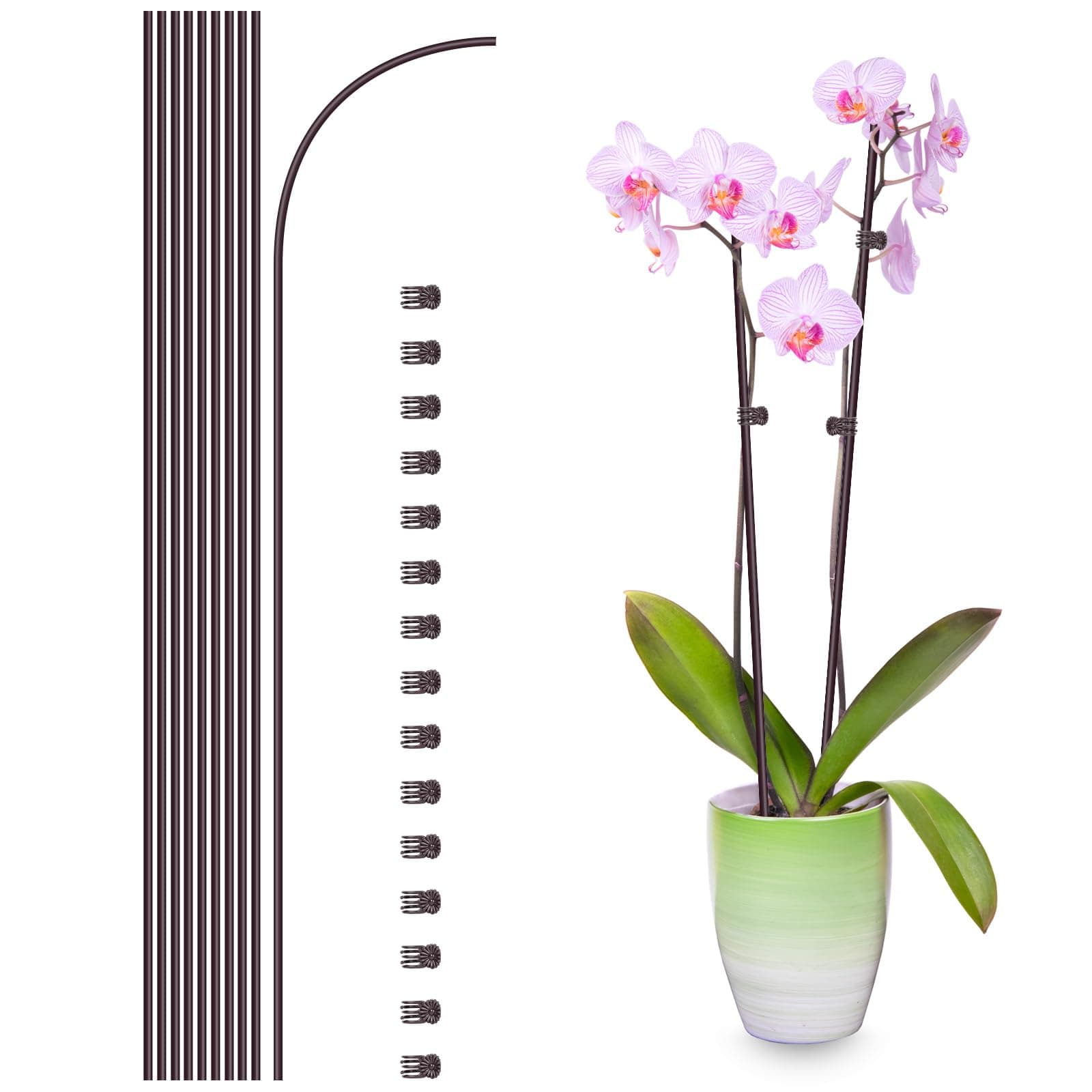 10Pcs Plant Support Stakes with 15 Pcs Plant Clips, Plant Sticks for Indoor and Outdoor Plants, Orchid Clips and Stakes,16inch Tall Bendable Single Stem Flower Stakes Bendable (10, Brown-16inch)