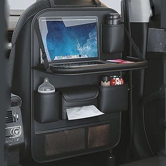 Car Backseat Organizer with Foldable Table Tray,Car Seat Back Protector with Touch Screen Phone Holder,Premium PU Leather Material,Compatible with Most Vehicles,Inner Car Accessories