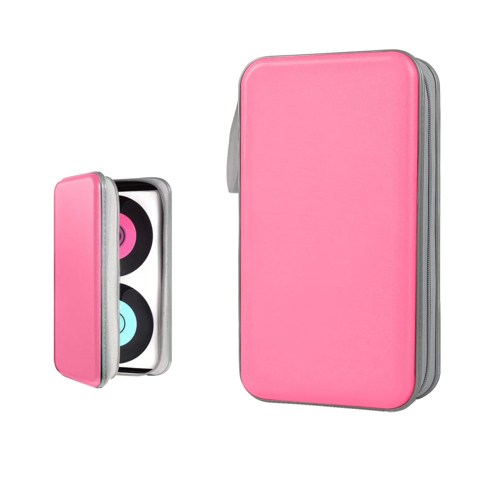 Car CD DVD Case, 96 Capacity Hard Plastic CD Holder, Portable Zipper DVD Disc Organizer Storage Wallet with Closure and Handy Strap, Car Accessories for Home Office Travel (Pink)