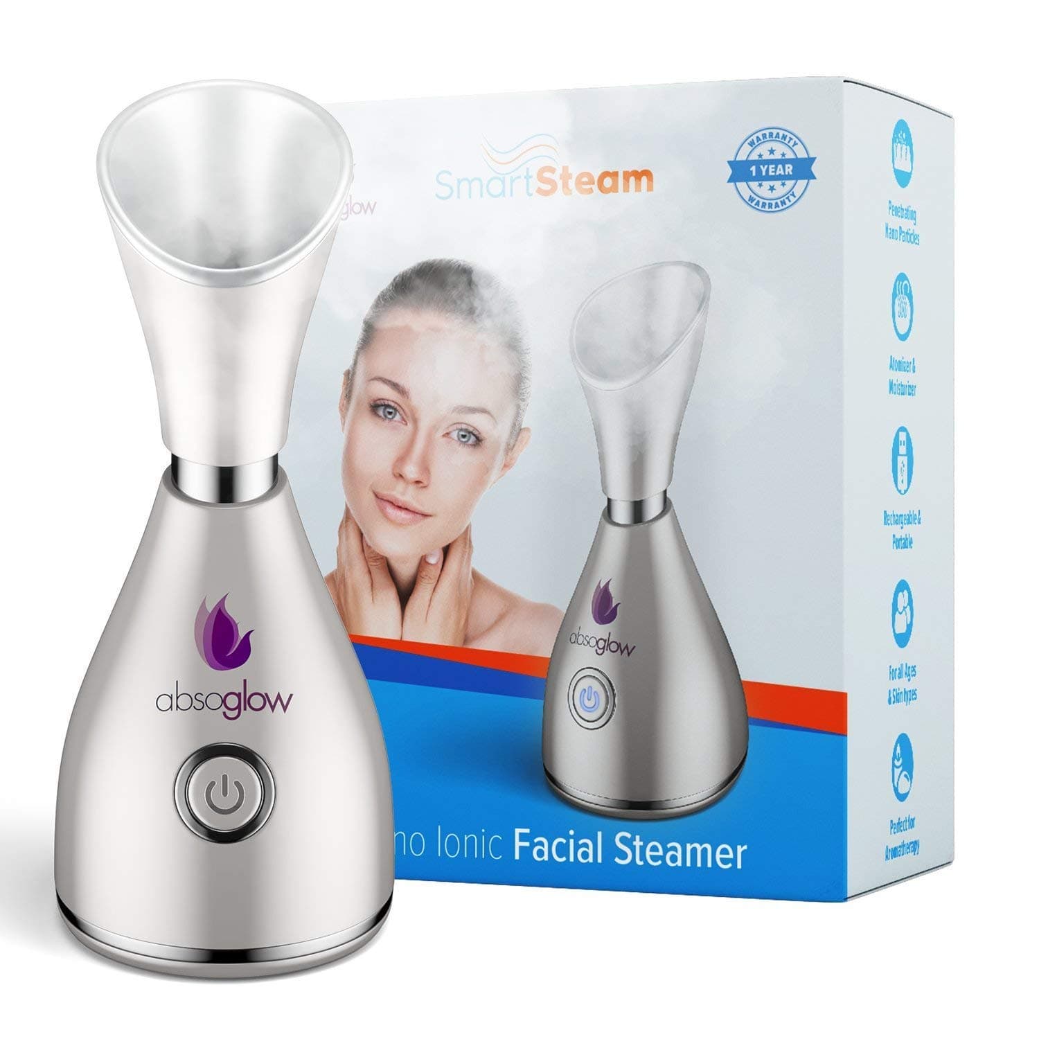 Absoglow 3-in-1 Patented Original Large Nano Ionic Facial Steamer - 30 Min Steam, Humidifier, Time Unclogs Pores Blackheads