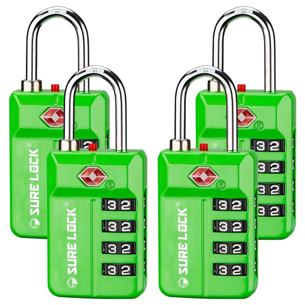 SURE LOCK TSA Approved Travel Luggage Locks, Open Alert Combination Lock for School Office & Gym Locker,Toolbox, Pelican Case,Easy Read Dials- 1, 2 & 4 Pack, Green 4 Pack, L, Compact