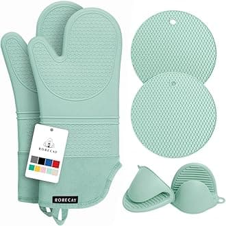 Rorecay 6pcs Oven Mitts and Pot Holders Sets Heat Resistant 500 Degrees, Extra Long Silicone Oven Gloves Non-Slip Potholders Hot Pads for Kitchen Baking Cooking, Quilted Liner, Bermuda Teal