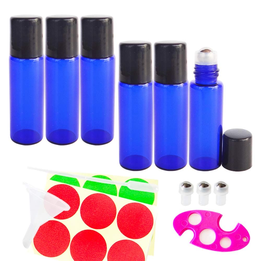 6pack 5ml Blue Empty Sample Roller Glass Bottles for Essential Oils Perfume, Roll-on Refillable Perfume Containers, Extra 0.5ml Dropper, Mini Funnel, Bottle Opener, 3 Roller-on Balls, 12 Piece Labels