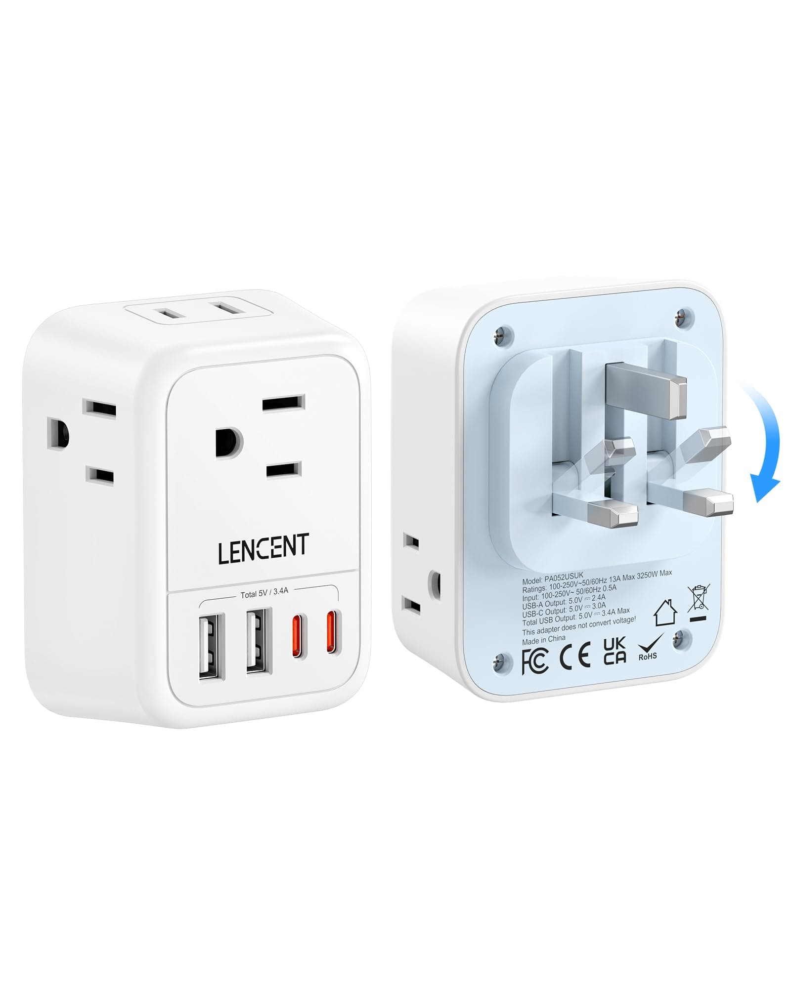 LENCENT Foldable US to UK Ireland Plug Adapter, Type G Travel Outlet Adapter with 4 USB Charger(2 USB C), Power Adaptor for USA to Scotland Dubai Hong Kong England British Kenya London