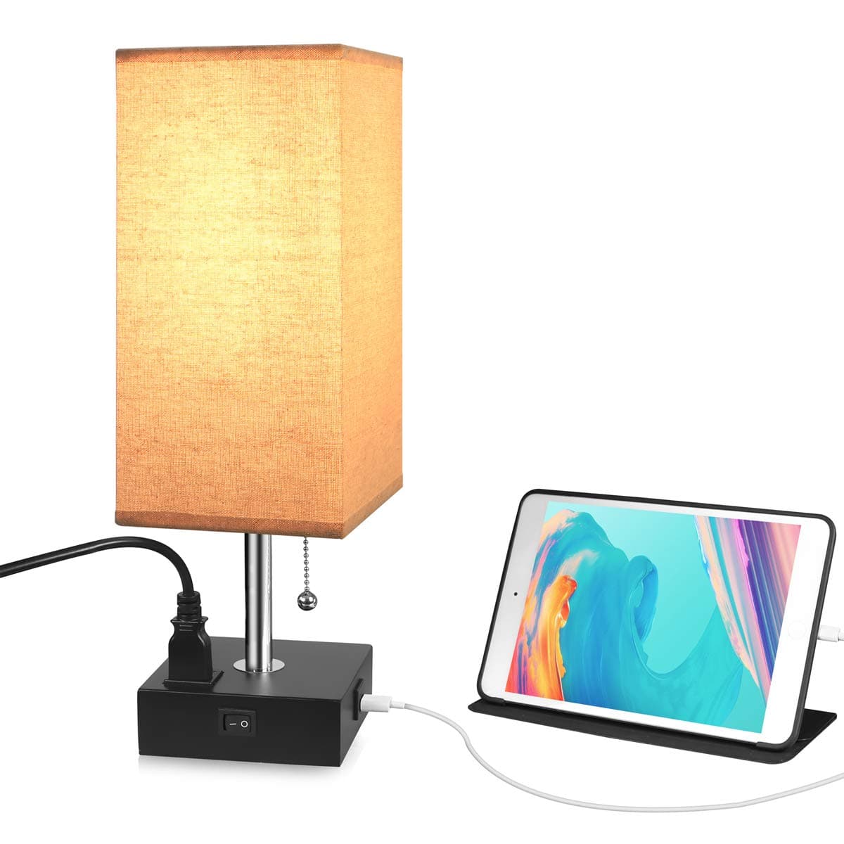 USB Outlet Table Desk Lamp, USB Fast Charging Port Bedside Wooden Desk Nightstand Lamp for Bedroom,Living Room,Office