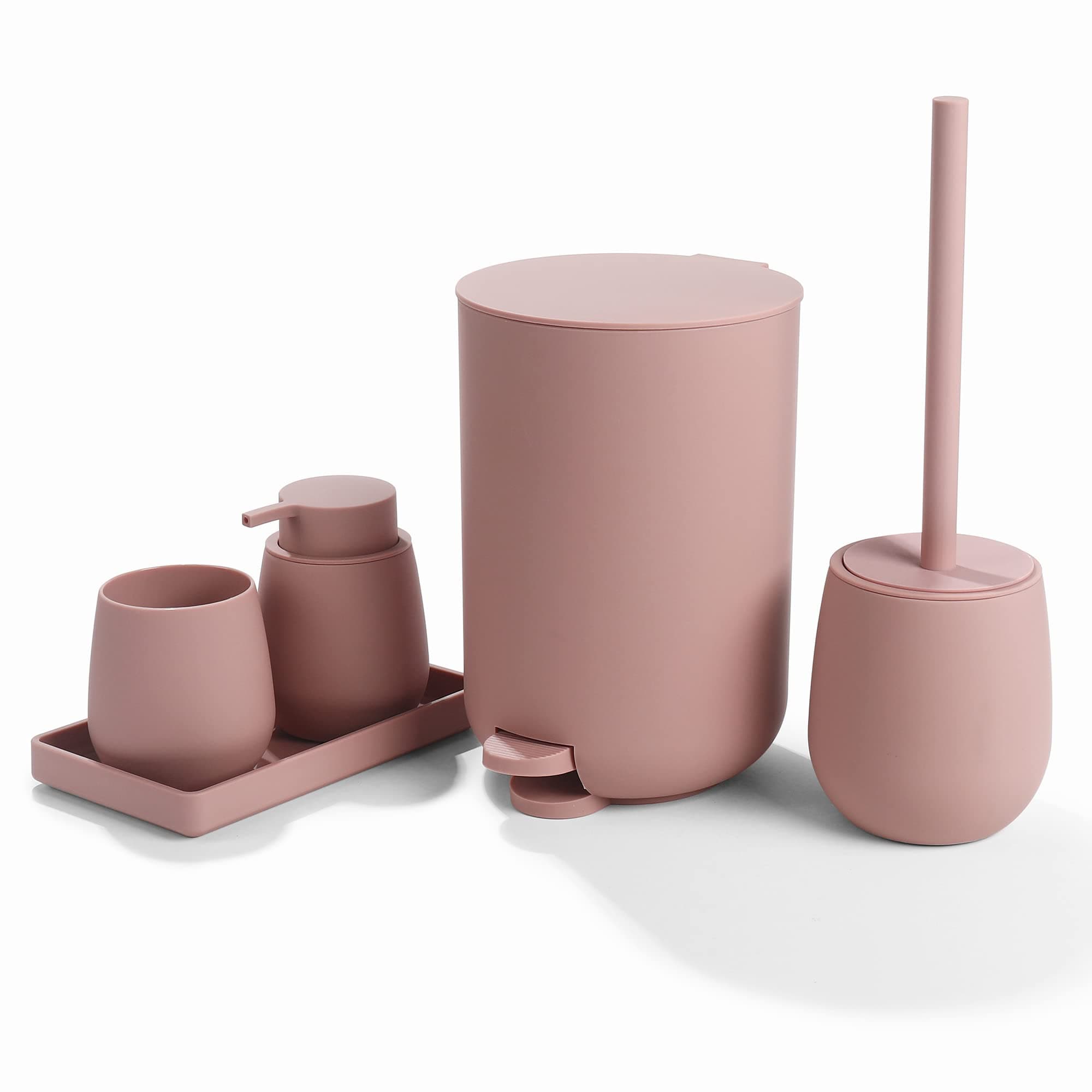 Pink Bathroom Accessories Set with Small Trash Can 3 Liter/0.8 Gallon,Toothbrush Holder,Soap Dispenser,Vanity Tray,Toilet Brush and Holder Pink 5PCS