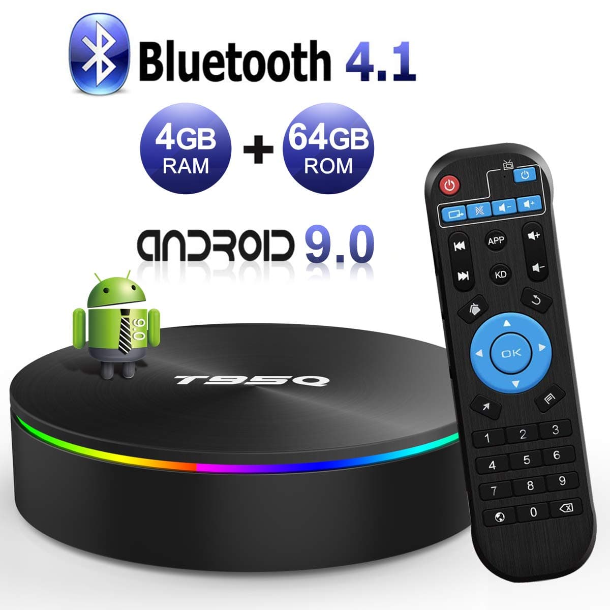 T95Q Android 8.1 TV BOX 4GB RAM 64GB ROM Amlogic S905X2 Quad-core Cortex-A53 Bluetooth 4.1 HDMI 2.1 H.265 4K Resolution 1000M Ethernet 2.4GHz and 5GHz Dual Band WiFi Video Player