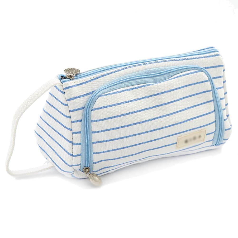 Samaz Pen Bag Pencil Case Large Capacity Canvas Pencil Bag Pouch Stationary Case Makeup Cosmetic Bag (Blue Stripe)
