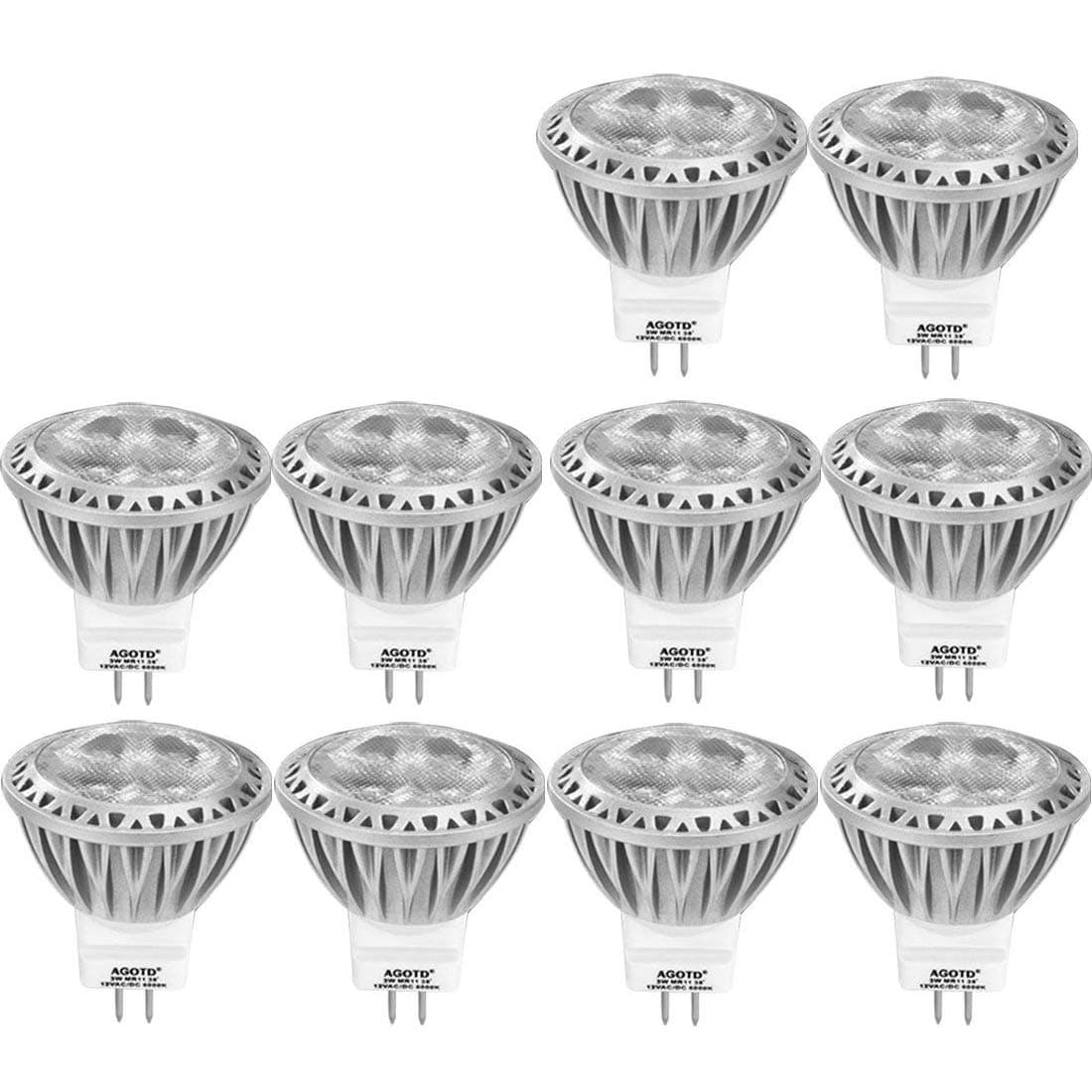 AGOTD MR11 GU4 LED Lamp Bulb, 3 Watt Spot Light, 35X38mm(1.38x1.50 inch), 12 Volts AC DC Lighting Fixture, Daylight White 6000K,20W 35W Halogen Lamp Equiv,250 Lumen, Not Dimmable, Set of 10 [Energy Class F]
