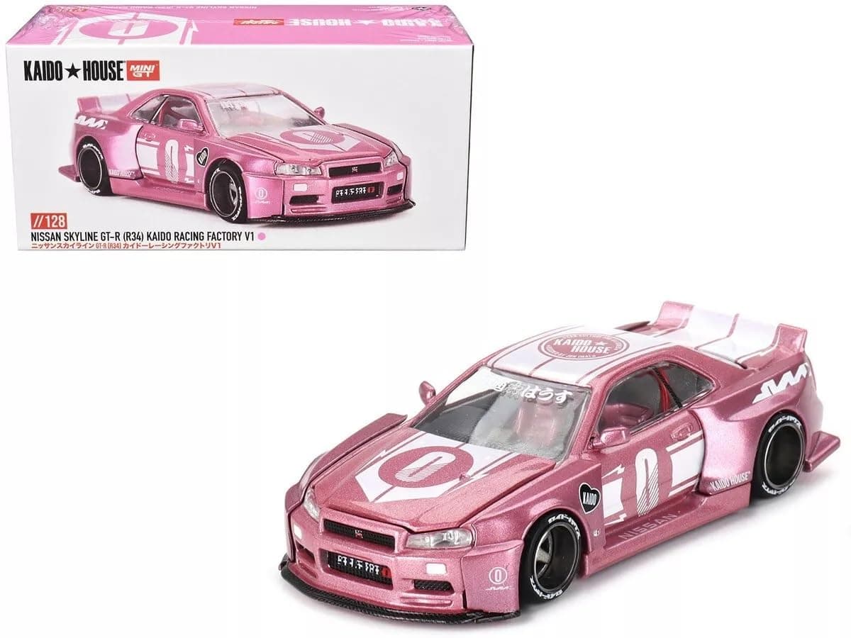True Scale Miniatures Model Car Compatible with Nissan Skyline GT-R (R34) Kaido Racing Factory V1 Pink 1/64 Diecast Model Car Kaido House KHMG128