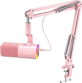 MAONO XLR/USB Gaming Microphone for PC, Dynamic Computer Mic for Streaming Podcasting, Noise Reduction, Mute, Volume Control, RGB Boom Mic for Vocal Recording,Voice-Over, PD100XS Pink
