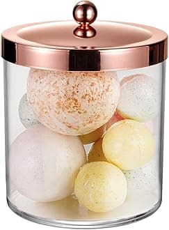 SheeChung Premium Quality Apothecary Jar - 50 Ounce Large Clear Plastic Storage Container Jar with Rust Proof Stainless Steel Lid, Bathroom Vanity Countertop Storage Organizer Canister (Rose Gold)