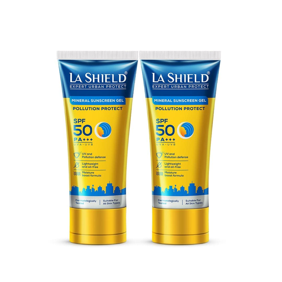 La Shield Pollution Protect SPF 50 Mineral Sunscreen Gel | PA+++ | Lightweight & Oil free | Moisture boost formula | Water resistant| All Skin types |Dermatologist Tested | 50g | Pack of 2