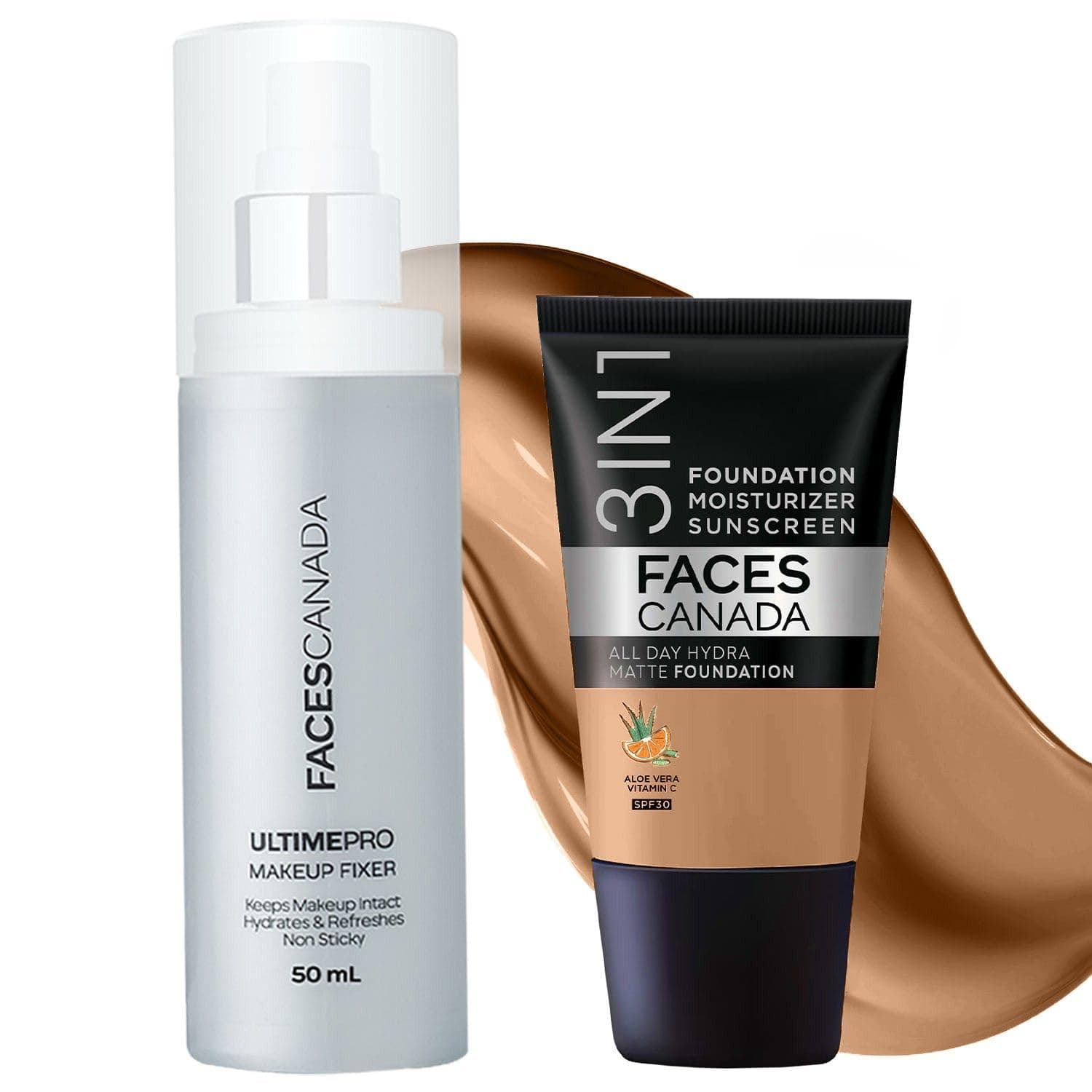 FACESCANADA Waterproof Fix & Finish Kit | Makeup Fixer (50Ml) + Warm Sand All Day Hydra Matte Mini Foundation (18Ml) | Makeup Kit For Women (Combo Pack Of 2)