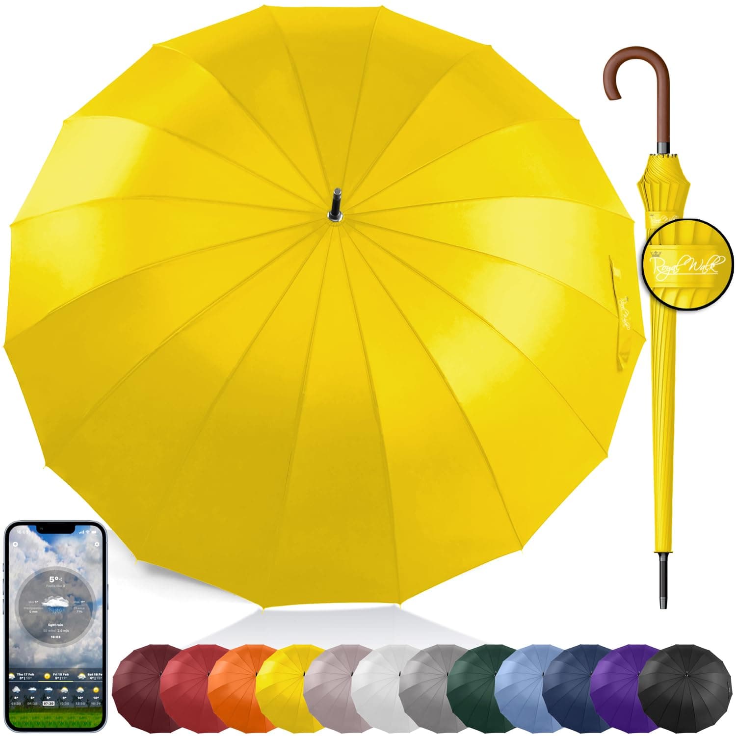 Large Umbrella for 2 Persons - 54 Inch Automatic Open, Windproof, Rain Resistant, Wooden Handle, Fast Drying, Strong 16 Ribs, Travel 120cm, Yellow