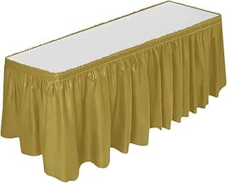 DecorRack Table Skirt, 29 in x 14 ft -BPA Free- Plastic Tableskirt, Disposable, Reusable, Rectangular Tablecloth Skirt, Gold (1 Pack)