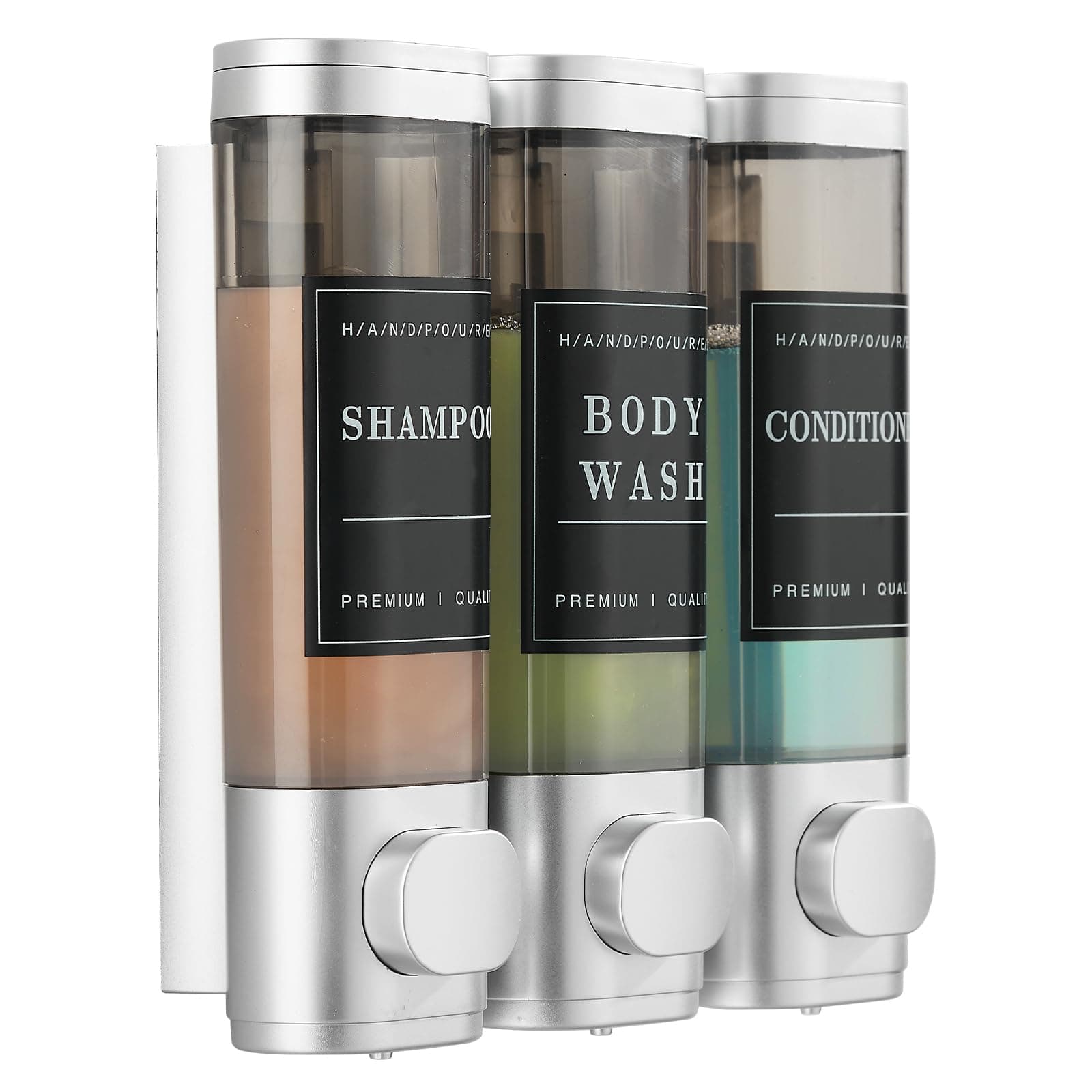 Shower Soap Dispenser Wall Mounted No Drill Shampoo Dispenser for Shower Wall Shampoo and Conditioner Dispenser Bathroom Hotel 3 * 300ml with Waterproof Labels Sliver