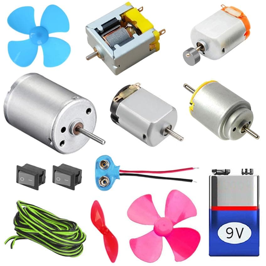 Kit4Curious Special Motor Kit - Open DC Motor, Vibration Motor, Dynamo Motor, Double Shaft Motor, DIY Toy Motor Kit with Switch, Wire, Connector, 9V Battery, Fan