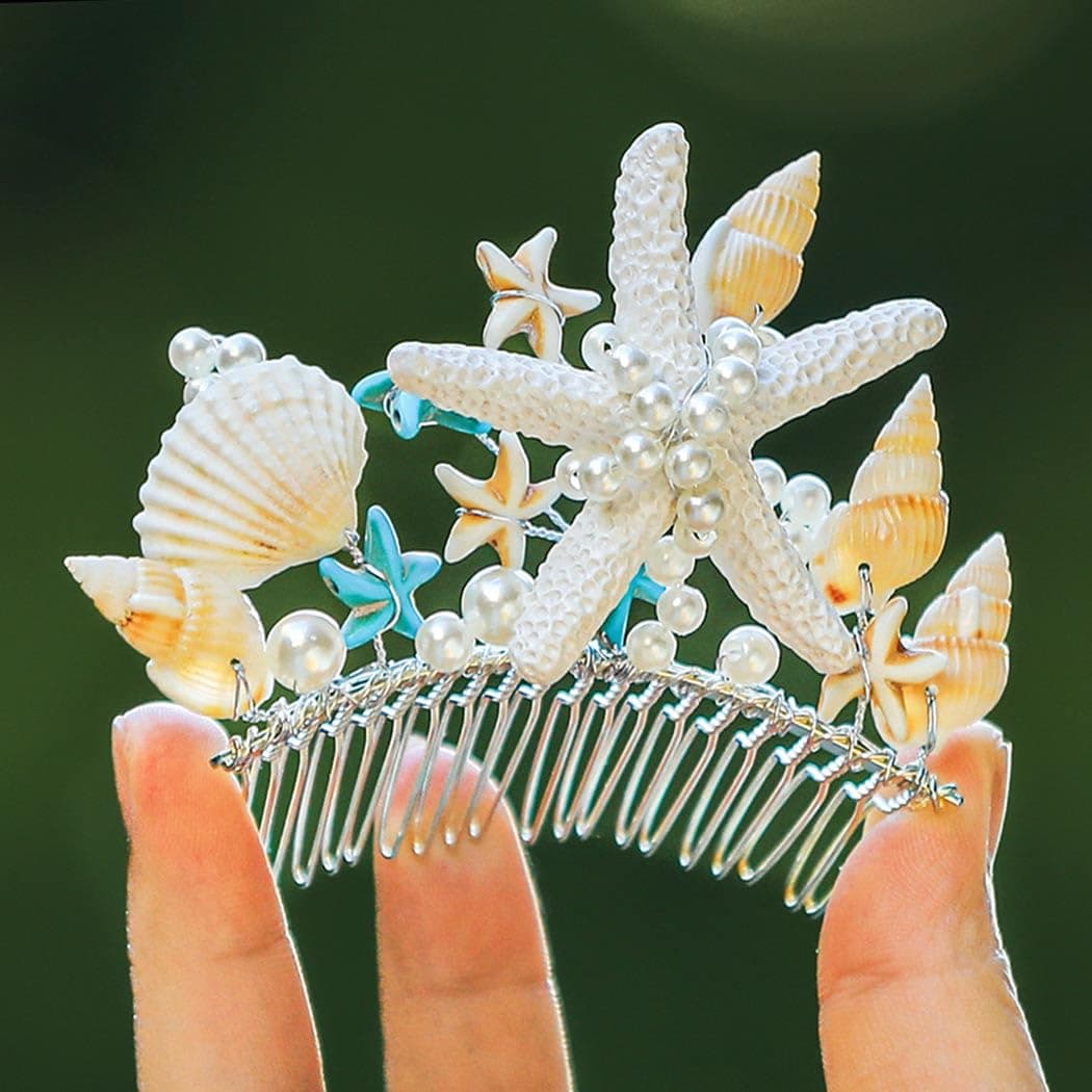 Brishow Starfish Tiara Comb Silver Seashell Crown Combs Pearl Sand Beach Hair Accessories for Girls