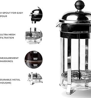 Sipologie Vintage French Press Coffee Maker 600ml, 4-Level Filtration System for Sediment-Free Coffee, Heat-Resistant Durable Borosilicate Glass, Measurement Marking, Silver