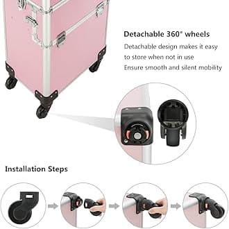 mefeir 2 in 1 Rolling Makeup Train Case, Makeup Travel Organizer Cosmetology Case, Aluminum Cosmetic Display Suitcase on Wheels, Beauty Storage Luggage Lockable w/4 Removable Wheels (Pink)