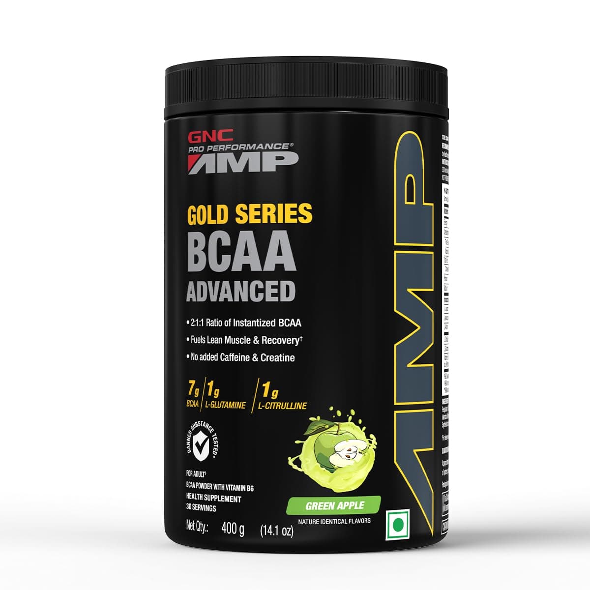 GNC AMP Gold Series BCAA Advanced | 400 gm | 30 Servings | Fastest Muscle Recovery | Maximized Workout Performance | Formulated In USA | 7g BCAA | 1g L-Glutamine | 1g L-Citrulline | Green Apple