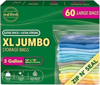 - 3 Gallon Large Plastic Storage Bags – 16" x 18" (60 Count) – Reusuable XXL Extra Large Heavy Duty Clear Jumbo Freezer Zip Lock Bags with Sealable Zipper Top For Clothes, Travel, Moving