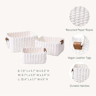 LA JOLIE MUSE Woven Storage Baskets, Recycled Paper Rope Bin Organizer Divider for Cupboards Drawer Closet Shelf Dresser, Set of 3 (White)