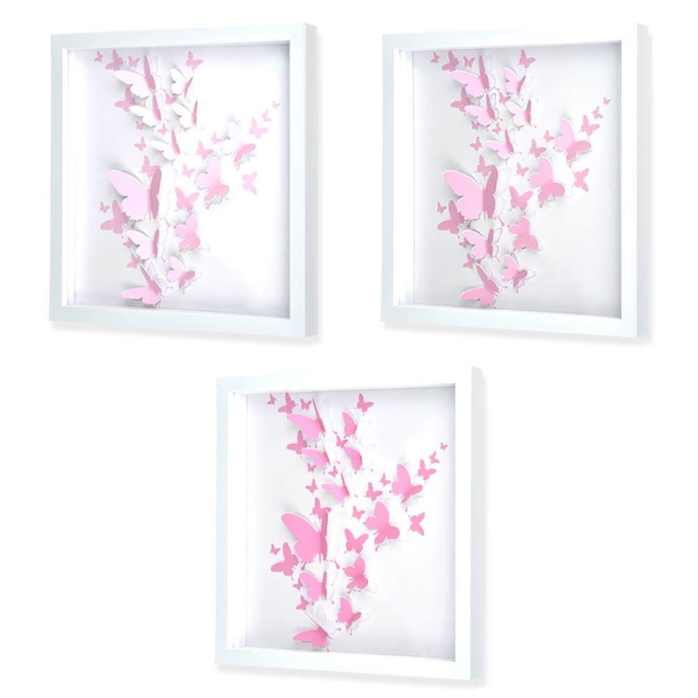 Green Frog 3D Pink Butterfly Shadow Box Art 3 Piece Set 14” x 14” - Quality Plastic Frame, Plexiglass, Paper Cut Out Butterflies - Girls/Kids Bedroom Wall Art