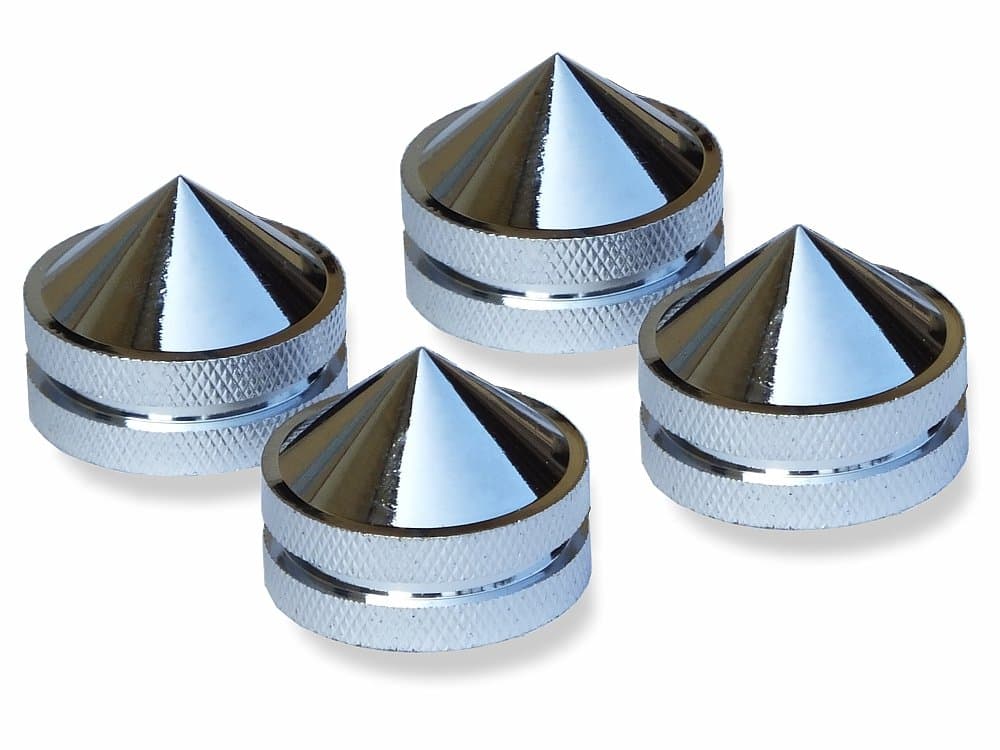 Ricable SK3 - Kit 4 pieces conical chromium plated spikes of 75 grams metal solid turned with M8 male/female thread. Adjustable supports for hi-fi loudspeakers with spikes pads and EVA felts.
