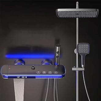 Thermostatic Shower System, 4 Piano Keys Shower Faucet Set, 31x20cm Square Shower Set, Digital Display, 360° LED Ambient Light, Hydroelectric Power, with Bathtub Faucet, Booster Spray Gun