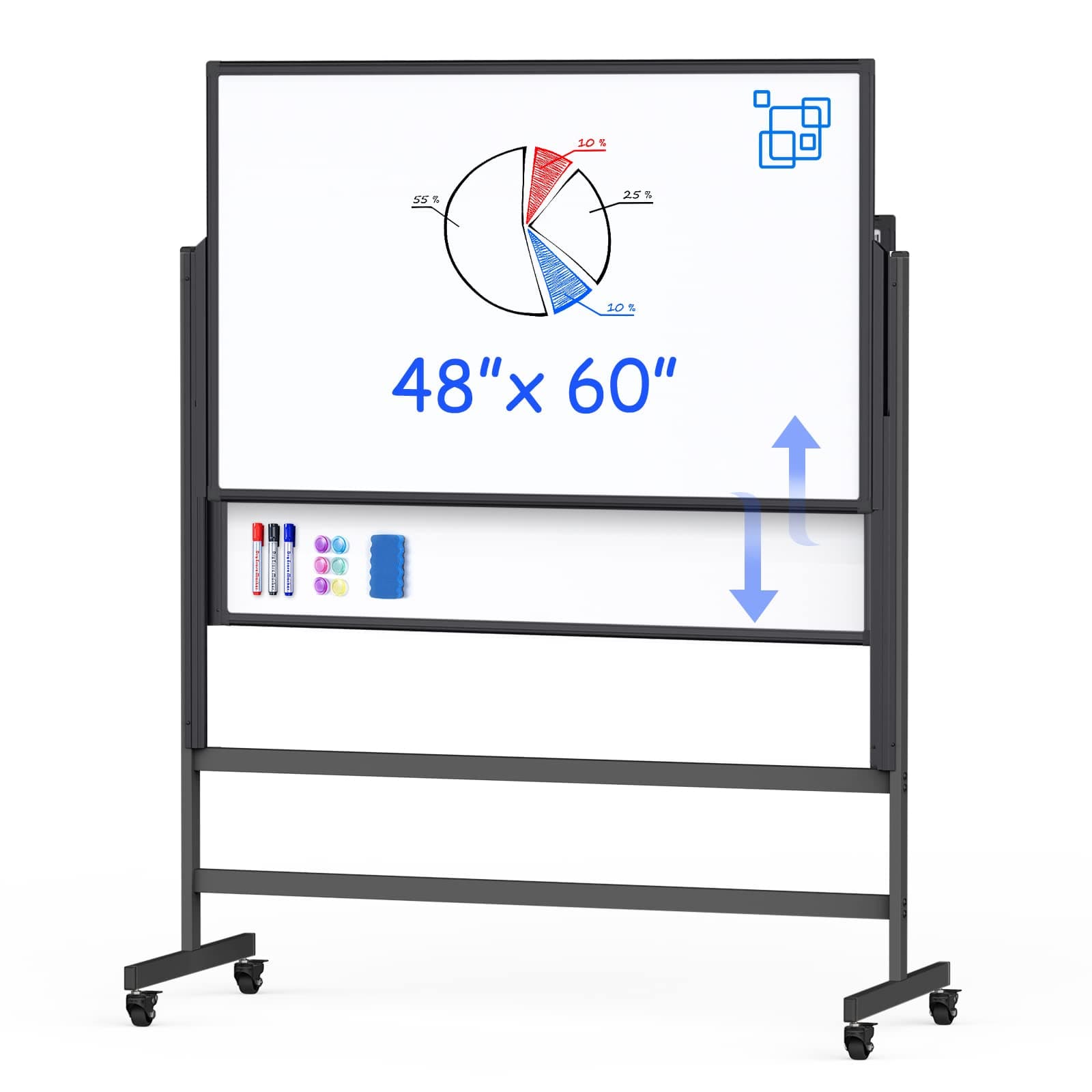 Double-Sided White Board on Wheels, 48x60 Inch (4'x5') Large Magnetic Mobile Dry Erase Board, Height Adjustable Stand Rolling Whiteboard for Office, Classroom, Home School Use, Black