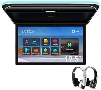 Android Car Overhead Player 19.5 Inch Wide IPS Screen 8K Video Car Roof Mount Monitor Built-in Stereo Speakers Flip Down Overhead Car Monitor Support HDMI, USB, 2 IR Headphones Included (B & W)