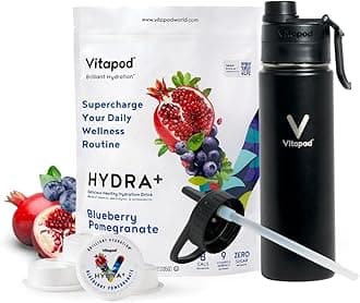Vitapod Hydra+ Blue Pomegranate Flavored Water Enhancer Pods Starter Bundle, Water Flavoring, Sugar Free, Vitamin C, Vitamin D, Zinc, 30 Pods, 22 oz Stainless Steel Water Bottle, Black