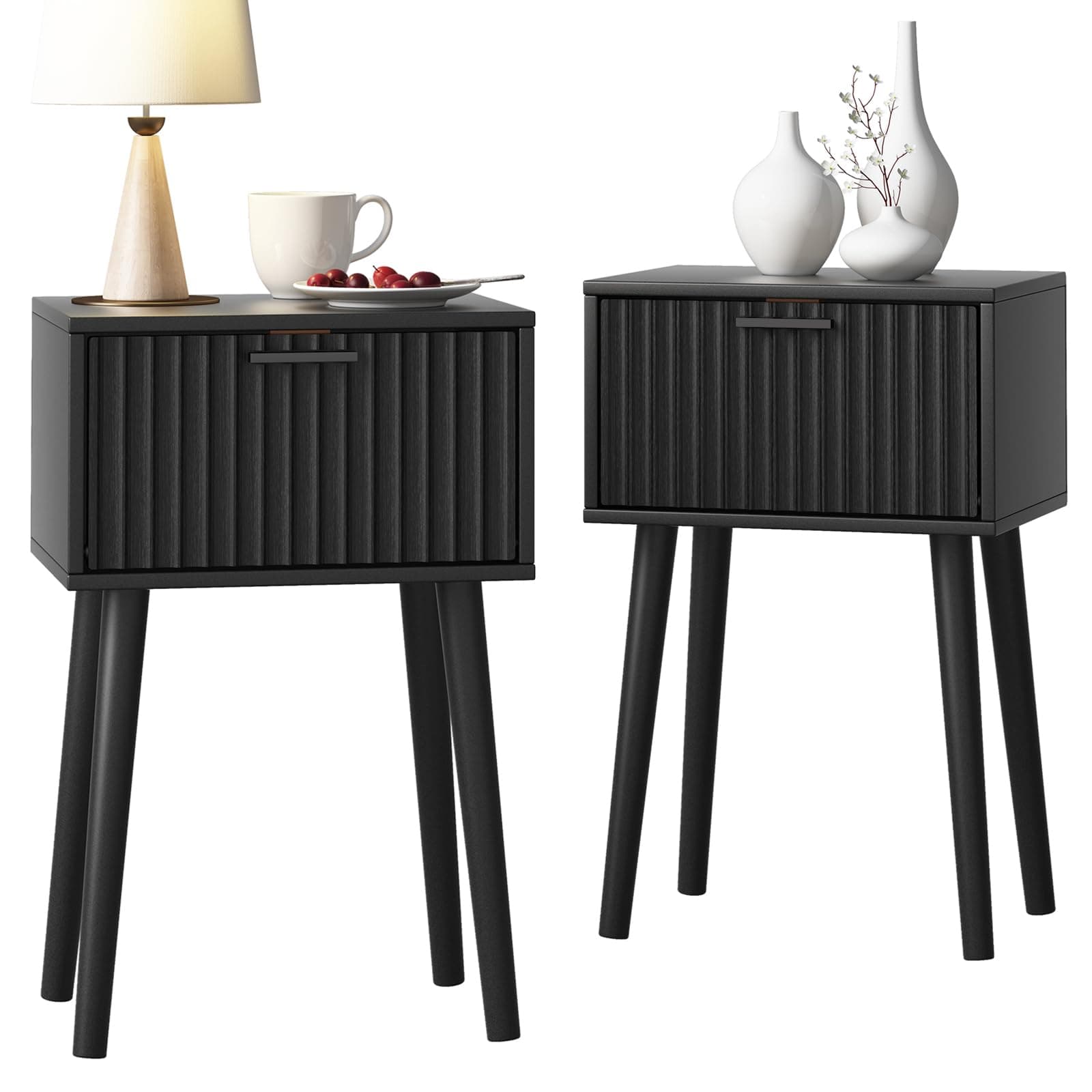 LAATOOREE Nightstands Set of 2, Small Side Table, Bedside Table with Fluted Door, Solid Wood Feet; Modern Mid-Century End Table for Bedroom, Small Space (Black)