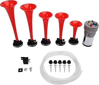 FARBIN Air Horns La Cucaracha Musical Horn 5 Trumpet Music Sound Air Horn with Compressor Play Lacucaracha Melody Red 12V 150db for Train Truck Car Boat RV UTV Motorcycle (LACUKARACHA Musical Horns)