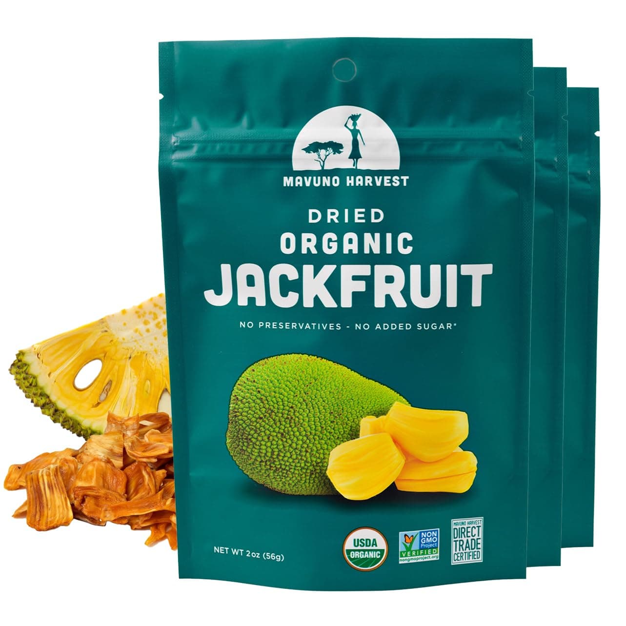 Mavuno Harvest Jackfruit Dried Fruit Snacks | Unsweetened Organic Dried Jackfruit Chips | Gluten Free Healthy Snacks for Kids and Adults | Vegan, Non GMO, Direct Trade | 2 Ounce, Pack of 3