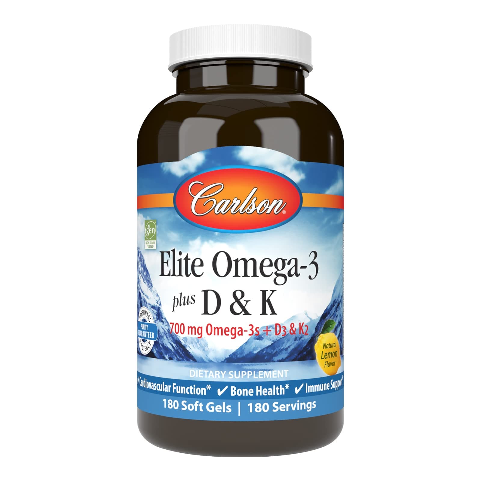 Elite Omega-3 Plus D & K, 700 mg Omega-3s + D3 & K2, Function, Bone Health & Immune Support, Lemon, 180 Softgels