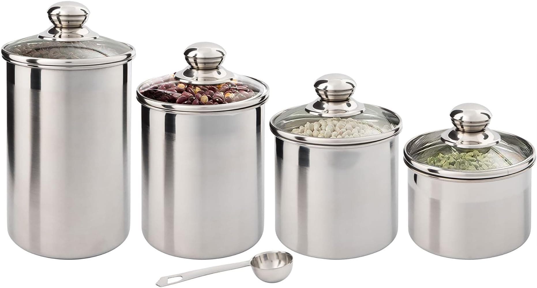 Stainless Steel Canister Set Storage Containers with Spoon - Clear See-Thru Glass Top Lids - For the Kitchen Pantry Organization, Coffee, Dry Food, Tea, Sugar, Cereal & Pantry Storage (4 Piece Small)