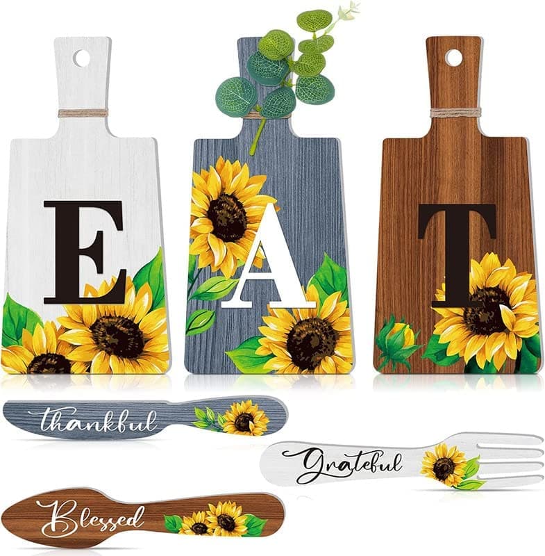 ANGEL INFINITE Kitchen Plaque Wall Hanging Decor | Sunflower Cutting Boards Dining Eat Signs Forks & Spoons Dining Quotes Sign Wall Plates Decor Items – Set of 6