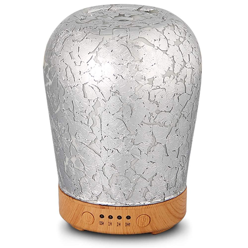 Porseme Silver Plated Essential Oil Diffuser, Aromatherapy Ultrasonic Humidifier, Night Light with Handmade Glass, BPA Free, 7 Color Changing, Waterless Auto-Off, Timer Setting