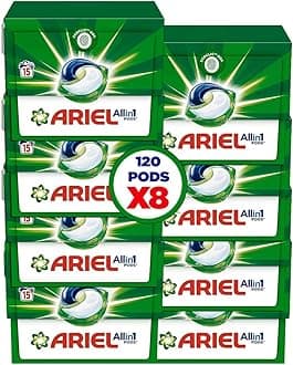 Ariel Original All-in-1 Pods, 15 Count Laundry Detergent Pods. Cleans, Lifts Stains and Brightens (Pack of 8), 120 pods