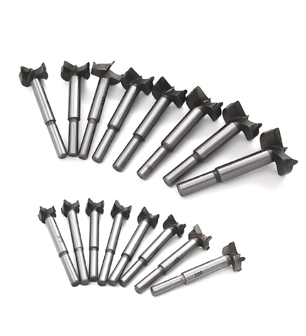 Mengshen Forstner Drill Bits 15-35mm 16PCS, Carbon High Speed Steel Woodworking Hole Saw Punching Bit Wood Slabs Flat Wing Drilling Hole Hinge Cemented Carbide Drilling Sets