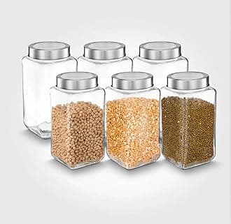 Vency Piramal Glass Storage Glass Jar & Containers for Kitchen Pantry, Snacks, Masala, Jams, Pickles, Cookies, Dry Fruits, Coffee Beans Storage with Lid, 1 Ltr, Set of 6