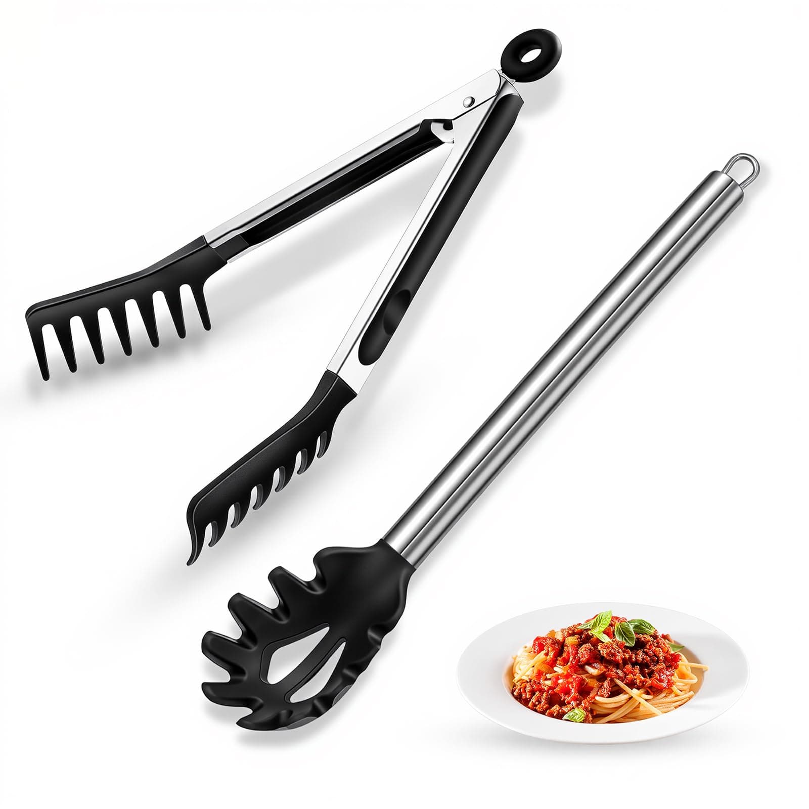Spaghetti Spoon and Pasta Tong with Grip Teeth and Drain Holes, 2-Piece Non-Stick Silicone Head with Stainless Steel Handle, Heat Resistant Food Grade Utensils for Cooking, Serving, Salad and Noodles