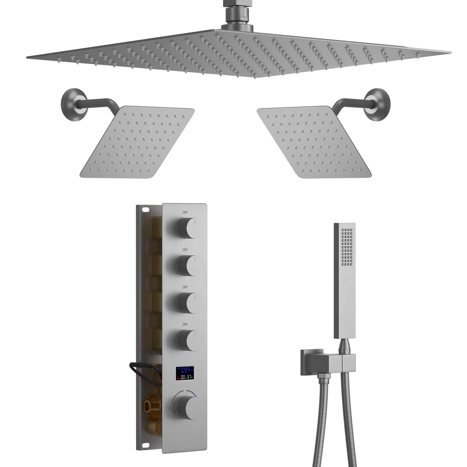 Brushed Nickel Shower System with 3 Rain Shower Head(12+8+8 inch), Handheld Spray, 4 Way Smart Temperature Display Shower Faucet set