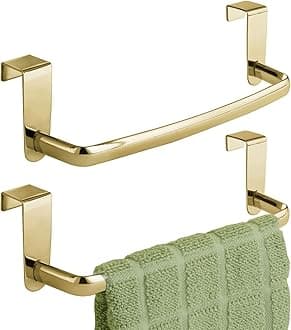 Steel Metal Wire Over Cabinet Towel Rack Storage Organizer - Hang on Cabinet or Door - Towel Bar Holder for Kitchen - Holds Hand Towels, Washcloths - Spira Collection, 2 Pack, Soft Brass